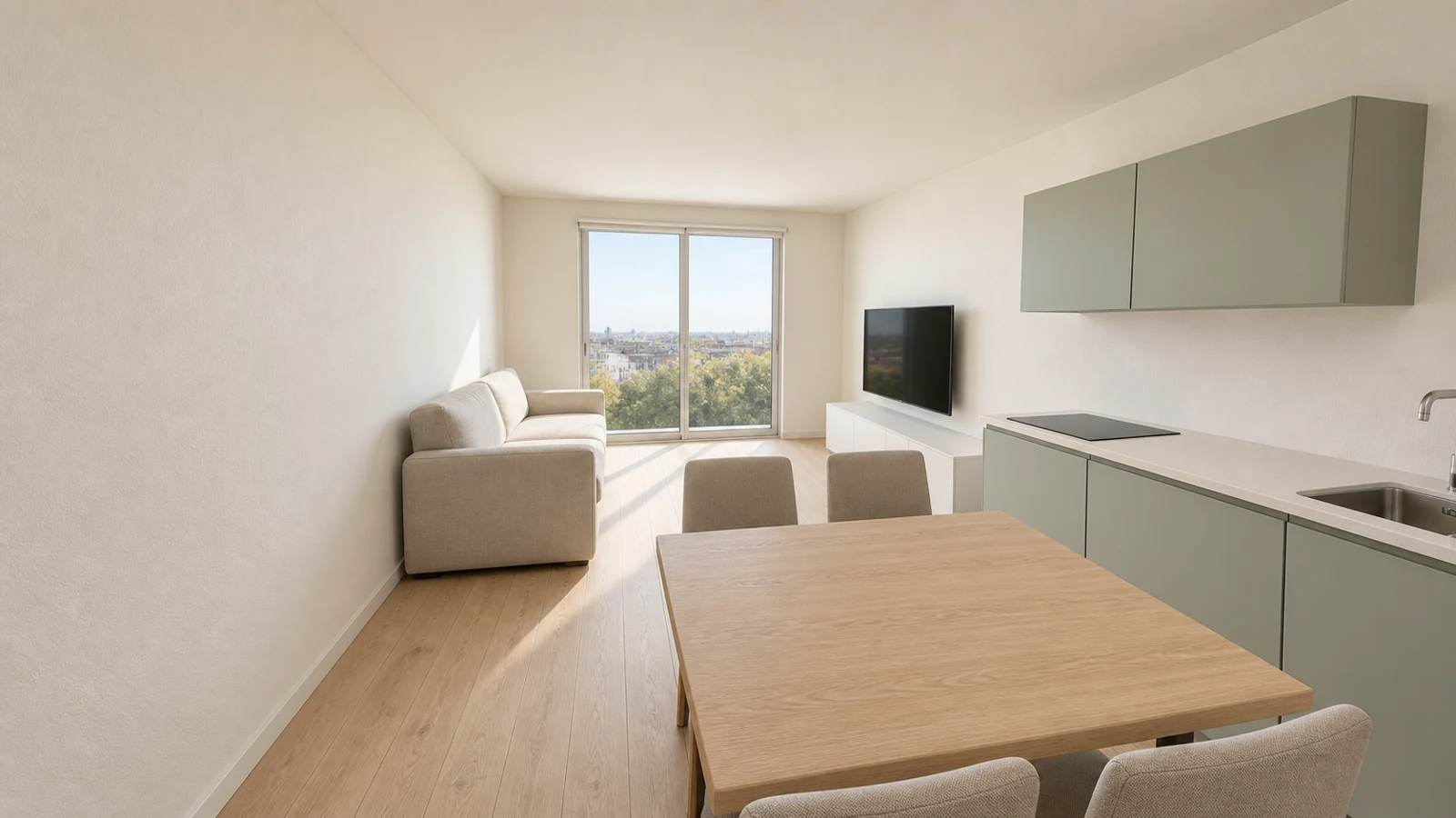 Soggiorno moderno con cucina salvia, tavolo in rovere e luce naturale